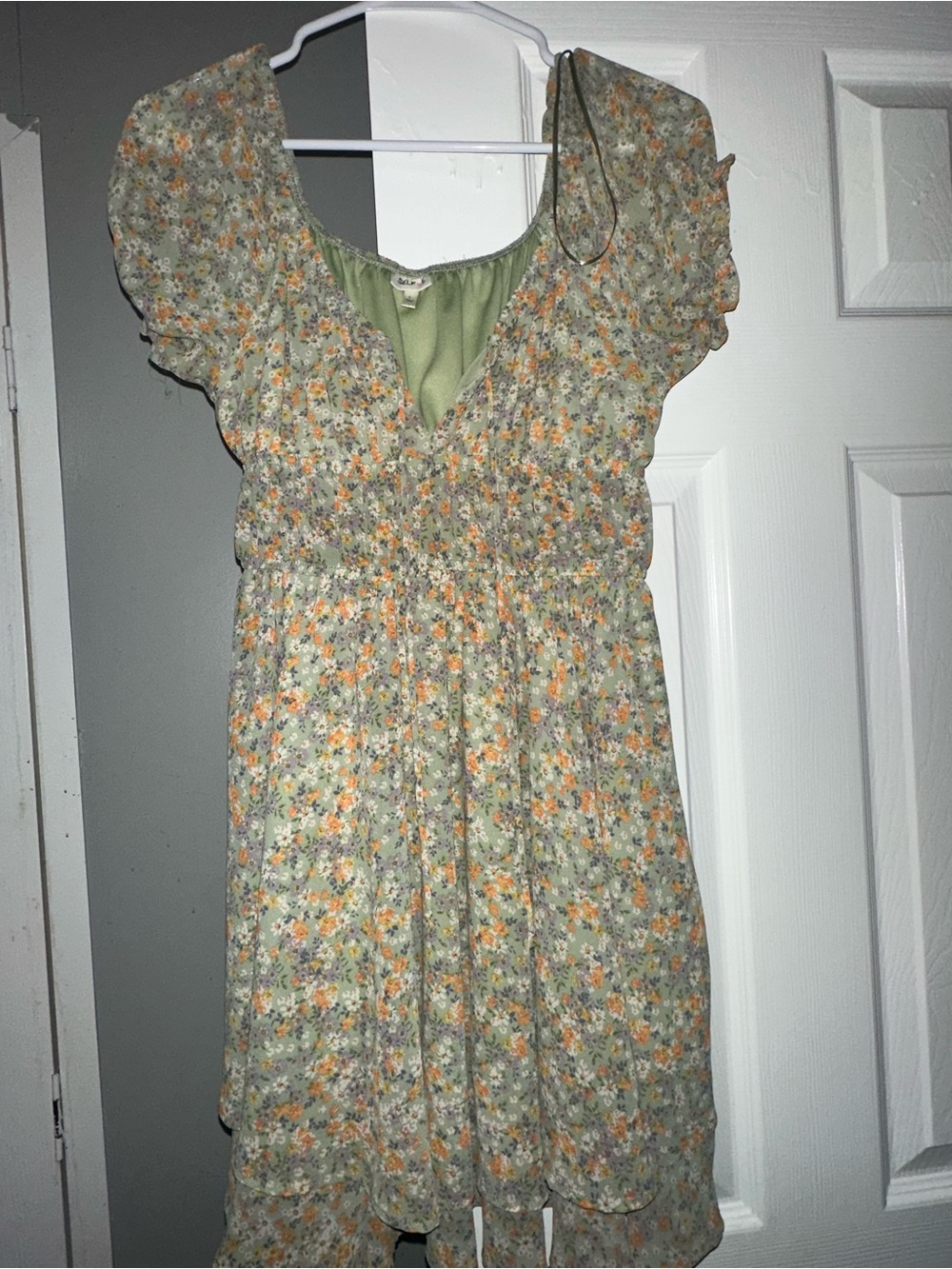 Self Esteem Sage Green Floral Mini Dress with Orange and Cream Flowers